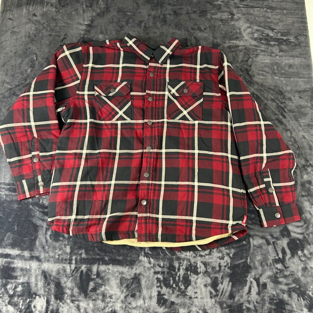 Wrangler Flannel Shirt Jacket‎ Mens XL Red Plaid Sherpa Lined Snap Front